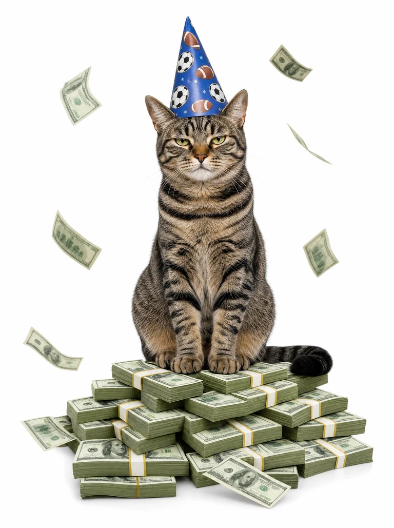 The cat sitting on a pile of money